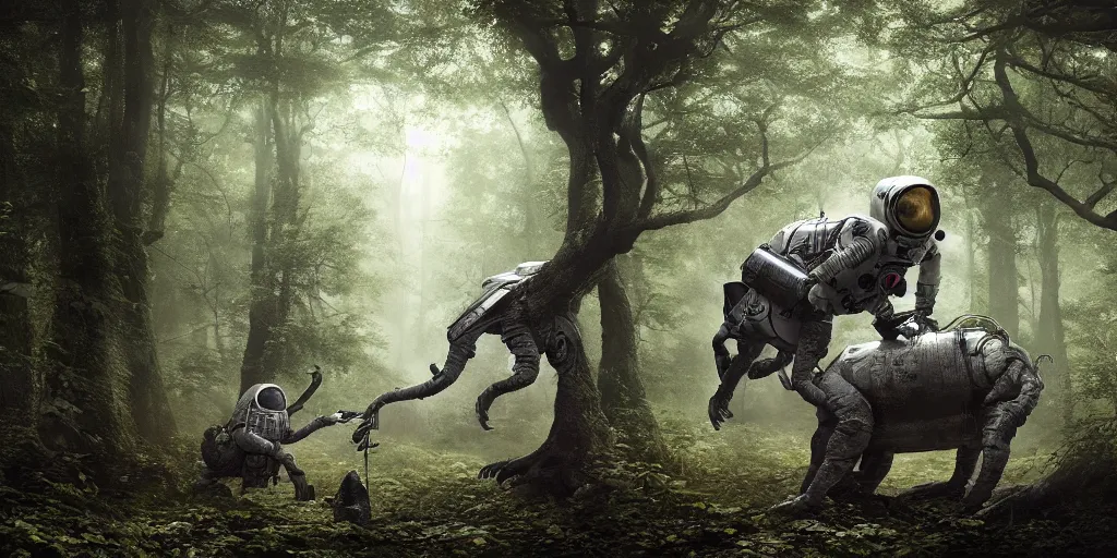 Prompt: an astronaut comes a across a strange creature in a forest, a detailed matte painting by frieke janssens, featured on cgsociety, space art, matte painting, matte drawing