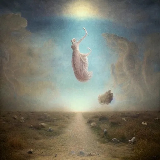 Prompt: a hyper realistic photograph of my hopes floating through a surreal landscape of fears by agostino arrivabene