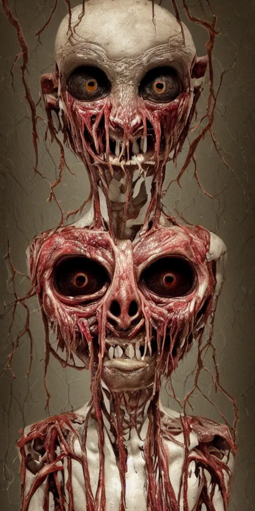 Image similar to smiling photorealistic ultra detailed humanoid creature made of decomposed bloody flesh and bones looking through the window, night, the woods, extremly detailed, 8 k, realistic, sharp focus, cosmic horror creature, cosmic horror, from the movie the thing, mysterious creature, bloody eyes, big eyes