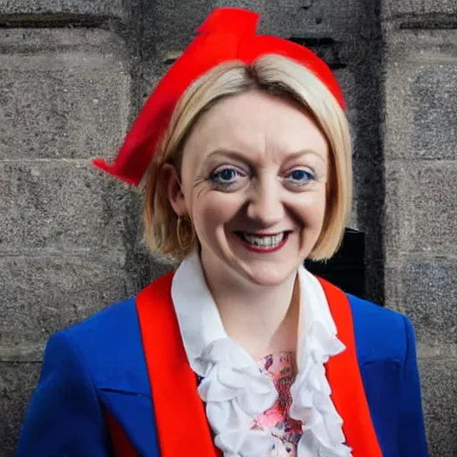 Prompt: A portrait photo of Liz Truss in a clown suit