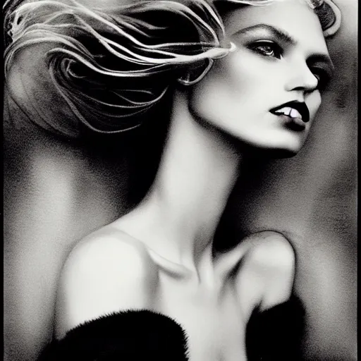 Prompt: stunning black and white portrait of a beautiful blonde woman by peter lindbergh. long curly glossy hair and makeup. vintage glamour. shiny dark lips. fashion photography. highly detailed and realistic watercolor painting on canvas. brush strokes.