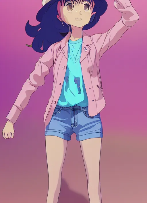 Prompt: a girl, with a wavy short pink hair and pink fedora hat, wearing a light pink jacket with a blue tie, purple gloves and blue jeans shorts. She is holding blue strings on her hand, rich vivid colors, ambient lighting, dynamic lighting, 4k, official media, anime key visual, makoto shinkai, ilya kuvshinov, lois van baarle, rossdraws, detailed, trending on artstation