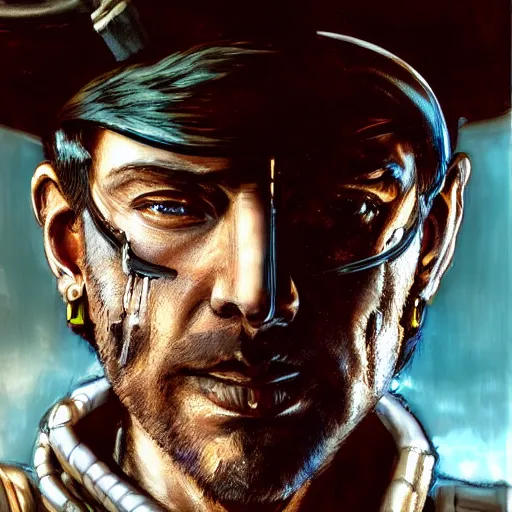 Prompt: portrait of a futuristic cowboy holding his sword in front of his face by yoji shinkawa, high quality, extra details, realism, ornate, colored, golden chain, blood, white skin, short hair, brown eyes, vivid, sunlight, dynamic, american man, freedom, white american soldier, painting