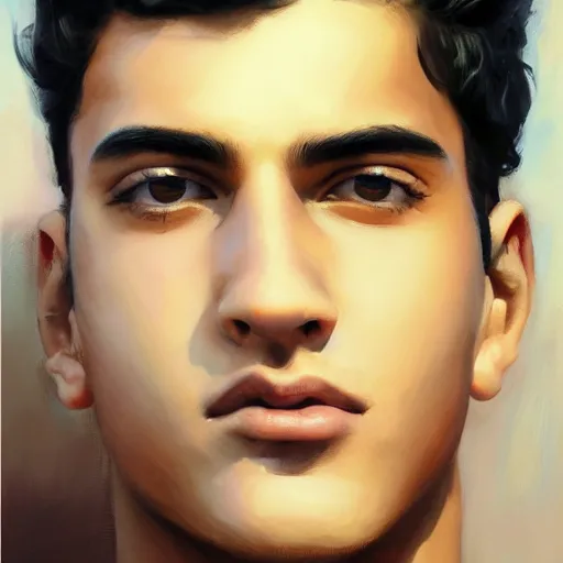 Image similar to oil painting by ilya kuvshinov, baugh casey, rhads, coby whitmore, of a youthful persian - indian college student, fair olive skin, refined features, high cheekbones, handsome, curly black hair, outdoors, highly detailed, breathtaking face, studio photography, dawn, intense subsurface scattering, blush, supple look, innocence, intense sunlight