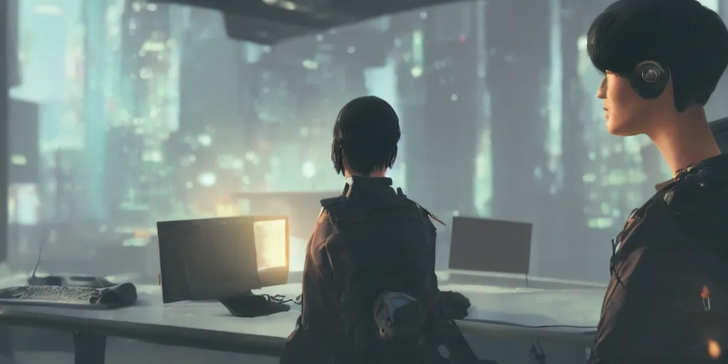 Image similar to closeup of An anonymous short hair brunette guard seen from the back sitting in front of a cyberpunk dystopian desk with matrix falling text cyberpunk, artstation