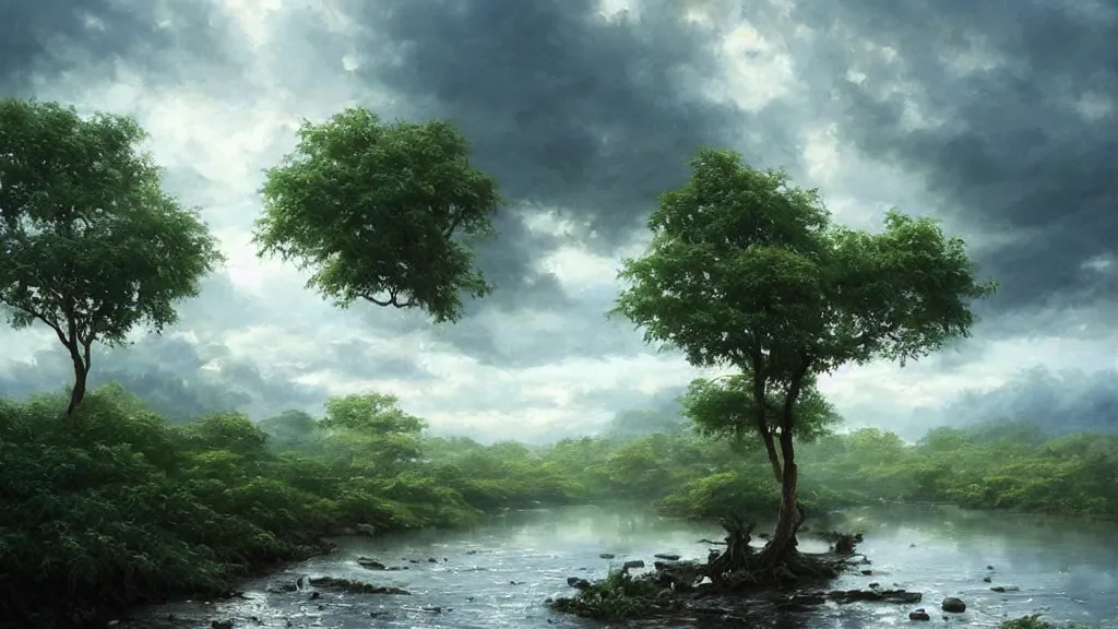 Image similar to very realistic oil painting of a single tree made of clouds with lots of very very cloud shaped leaves, A beautiful, highly detailed, masterpiece, next to a small crystal clear river, oil painting by Greg Rutkowski.