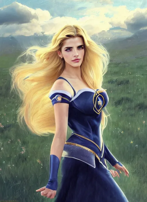 Prompt: portrait of a combination of Ashley Greene, Katheryn Winnick, Victoria Justice and Adriana Dxim, Grace Kelly, Emma Watson and Lily Collins with blonde hair as Sailor Moon, countryside, calm, fantasy character portrait, dynamic pose, above view, sunny day, thunder clouds in the sky, artwork by Jeremy Lipkin and Giuseppe Dangelico Pino and Michael Garmash and Rob Rey and Greg Manchess and Huang Guangjian, very coherent asymmetrical artwork, sharp edges, perfect face, simple form, 100mm