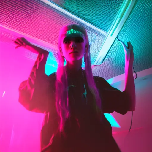 Image similar to grimes on stage djing, volumetric neon lights in the background, gleaming, 3 5 mm photography, portrait!!!!!!, trending on artstation, 4 k, 8 k, zbrush, mannerism