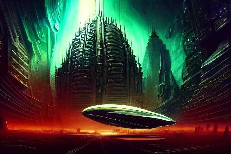 Prompt: low angle of a large shiny extraterrestrial spaceship landing in a futuristic new york city, in the style of frank frazetta and h. r. giger, ultra realistic, atmosphere, glow, detailed, intricate, colorful, cinematic lighting, trending on artstation, 4 k, hyper - realistic, immersed, extreme details, cinematic, masterpiece