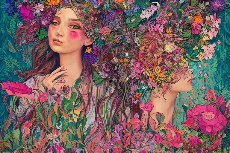 Prompt: a painting of a beautiful young girl with a lot of flowers and plants on its head, poster art by android jones, behance contest winner, generative line art, made of flowers, grotesque, concert poster