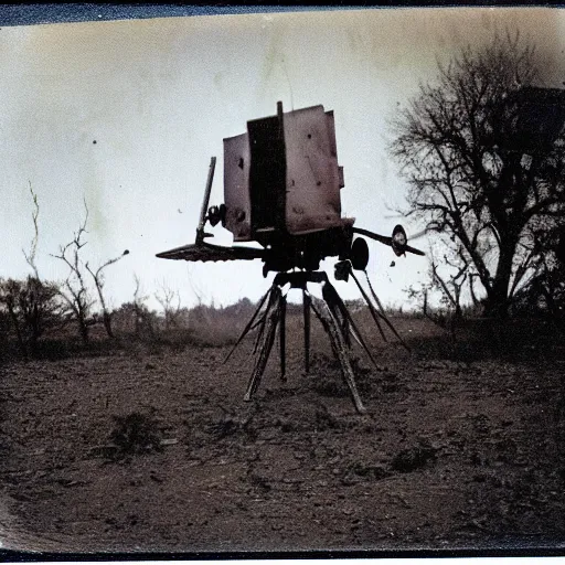 Image similar to old polaroid depicting a martian tripod walker from war of the worlds, at a clearing, in the distance