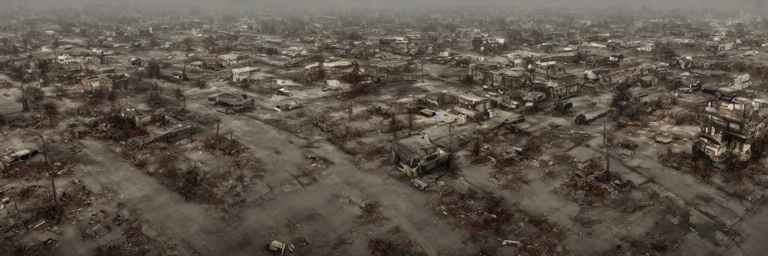 Prompt: wide angle drone shot of dilapidated silent hill in real life, desolate town, empty streets, nightmarish, some rusted retro futuristic fallout 4 style parked cars, overcast, blankets of fog pockets, rain, volumetric lighting, beautiful, daytime, autumn, sharp focus, ultra detailed, cgsociety