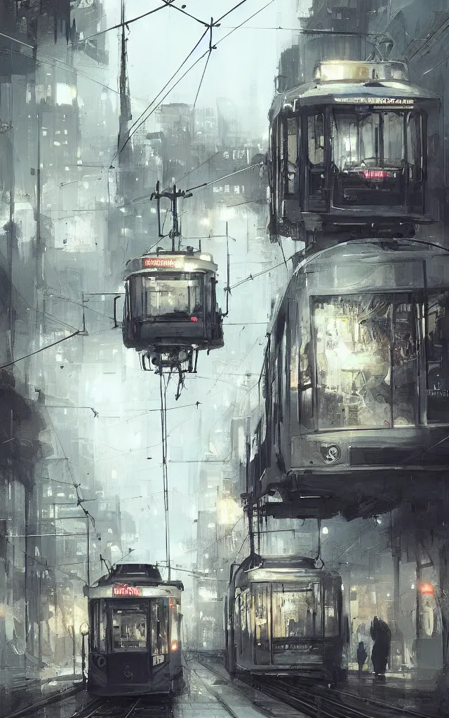 Image similar to city tram in the evening, by charlie bowater, by hazem taha hussein, by h. r. giger, by ismail inceoglu