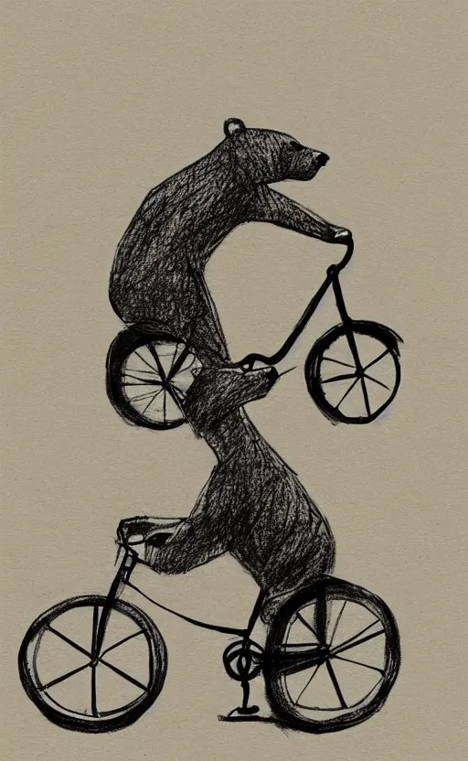 Prompt: sketch drawing of a bear riding a bicycle