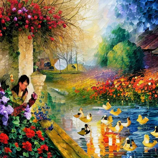 Image similar to flowers and ducks by arthur adams, john stephens, leonid afremov, chiho ashima, karol bak, david bates