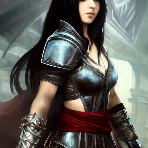Prompt: tifa lockhart in assassin's creed armor, wearing a hooded cloak, beautiful face!!!!, 2 7 years old, cg animation, realistic, character select portrait, by artgerm, greg rutkowski, alphonse mucha, 3 d