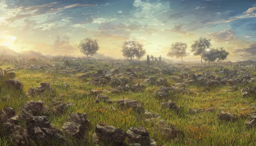 Prompt: the beautiful, chilling, mundane panoramic view of a field after war filled with dead soldier calvary and rocks at dusk. hyperrealistic anime background illustration, colorful, extremely detailed intricate linework, smooth, super sharp focus, bright colors, high contrast, matte, octopath traveler, unreal engine 5 highly rendered, global illumination, radiant light