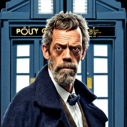 Image similar to hugh laurie as a rough dirty old man with a scruffy beard in a dark blue trenchcoat as the new doctor who, cinematic, volumetric lighting, f 8 aperture, cinematic eastman 5 3 8 4 film, photorealistic by greg rutkowski, by stanley artgerm, by alphonse mucha