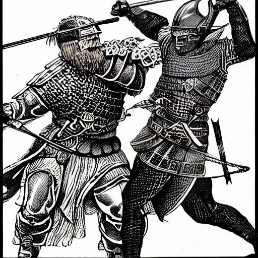 Prompt: viking berserker dueling british knight, hyper detailed black line illustration by Hal Foster