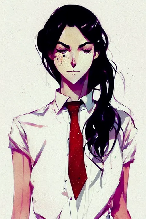 Image similar to a ultradetailed full body portrait of a woman dressed in a white shirt with a tie, by conrad roset, greg rutkowski and makoto shinkai trending on artstation