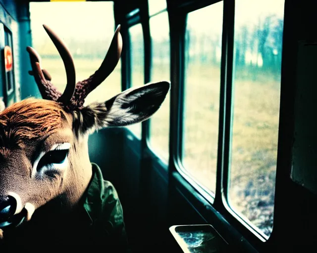 Image similar to a lomography photo of rumble between two human with deer head in soviet train this morning, bokeh,