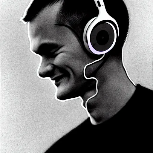 Prompt: vitalik buterin in big headphones with closed eyes listens to music and smiles with black background, wayne barlow, bao pham, donato giancola, larry elmore, masterpiece, trending on artstation, featured on pixiv, cinematic composition, beautiful lighting, sharp, details, hyper - detailed, hdr, 4 k, 8 k