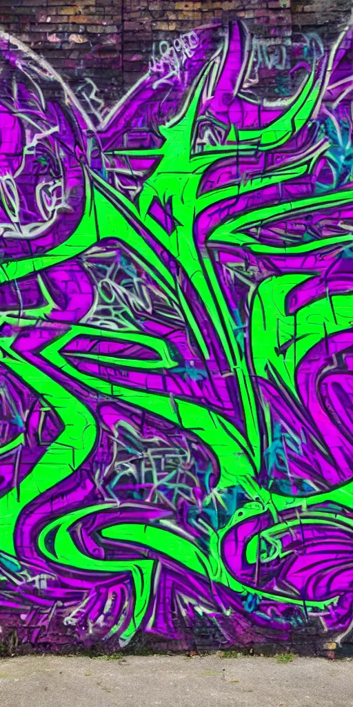 Prompt: Psychedelic graffiti on the garage wall Magic Jungle. Colours - black, purple shades, dark green. Cinematic lightning, deep shadows. David Lozano. Resolution 4K.