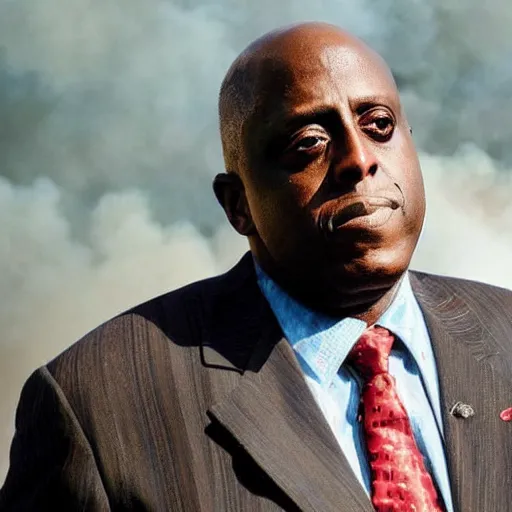 Prompt: a photo of a house burning down in the background and bill duke with an eerie expression in the foreground, strong depth of field