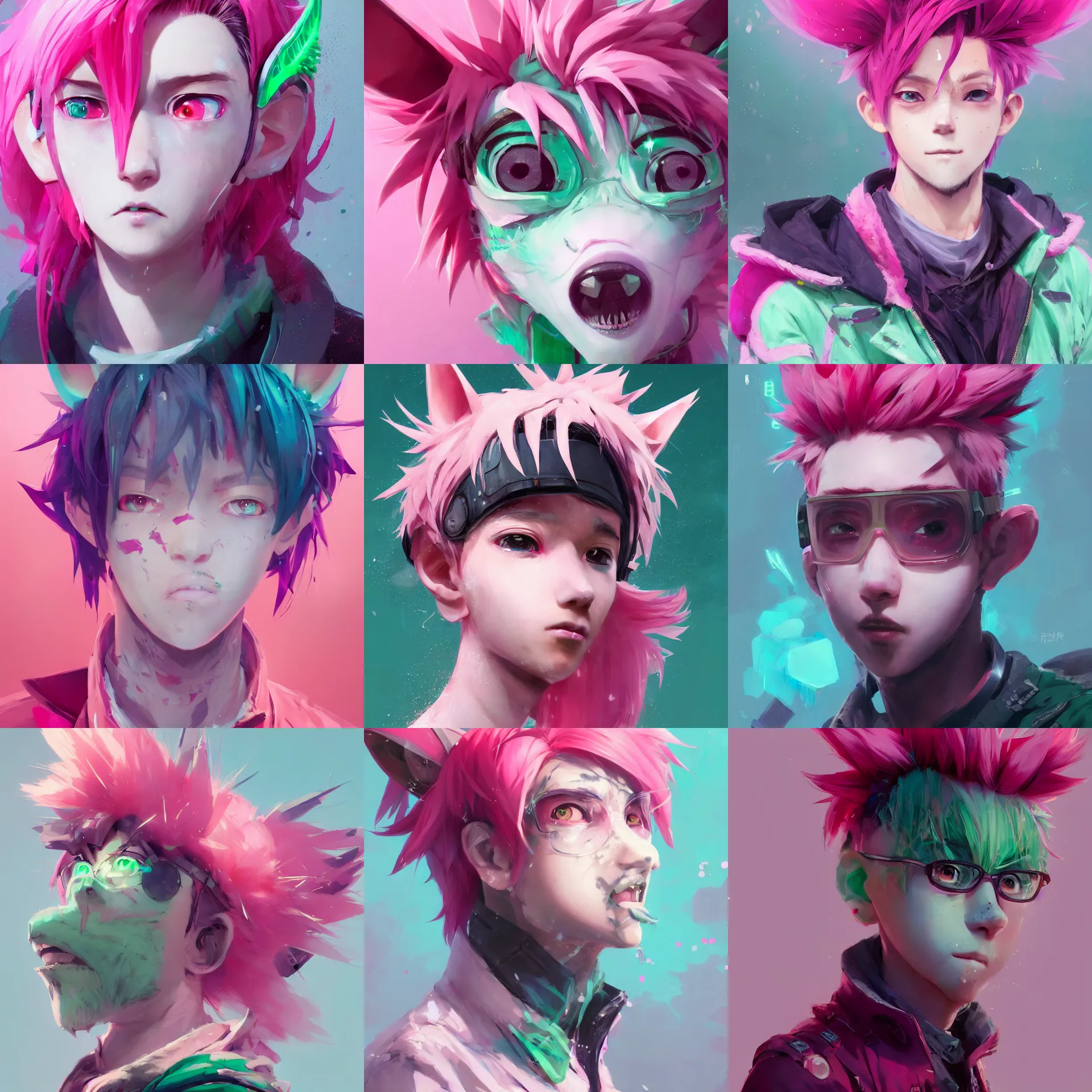 Image similar to a beautiful headshot portrait of a cute anime male boy with pink hair and pink wolf ears and green eyes wearing cyberpunk clothes. character design by cory loftis, fenghua zhong, ryohei hase, ismail inceoglu and ruan jia. artstation, volumetric light, detailed, photorealistic, fantasy, rendered in octane