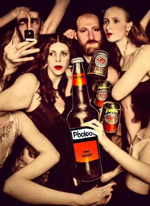 Image similar to polaroid by mucha, selfie, influencer, diaphanous, fashion, octoberfest, render, octane, detailed, award winning photography, masterpiece, of group of people very drunk dancing chaotic and giant like slowmotion nuclear exploding beer bottle in the middle,, dark backround, highly detailed, smooth, sharp focus, intricate,