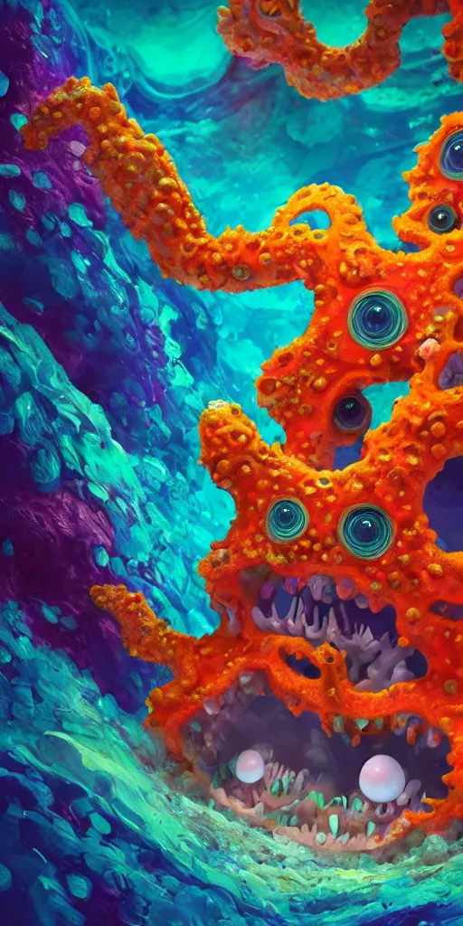 Image similar to of a colorful deep sea cave with strange cute friendly happy creatures with huge eyes, mouth, long tongue and round teeth appearing from sandy coral, in the style of gehry and gaudi, macro lens, shallow depth of field, ultra detailed, digital painting, trending artstation, concept art, illustration, cinematic lighting, photorealism, epic, octane render