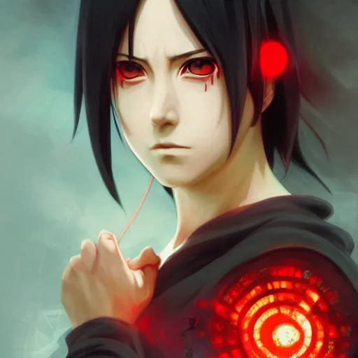 Image similar to itachi uchiha, red glowing eyes, intricate, elegant, highly detailed, portrait, digital painting, artstation, concept art, smooth, sharp focus, illustration, art by artgerm and greg rutkowski and alphonse mucha