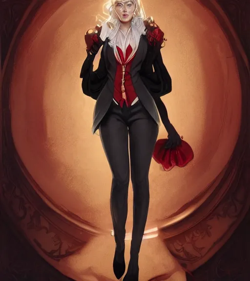 Image similar to a female vampire a golden waistcoat, red shirt, grey hair, red necktie, cinematic, stunning, highly detailed, digital painting, artstation, smooth, hard focus, full body shot, illustration, art by artgerm and greg rutkowski and alphonse mucha