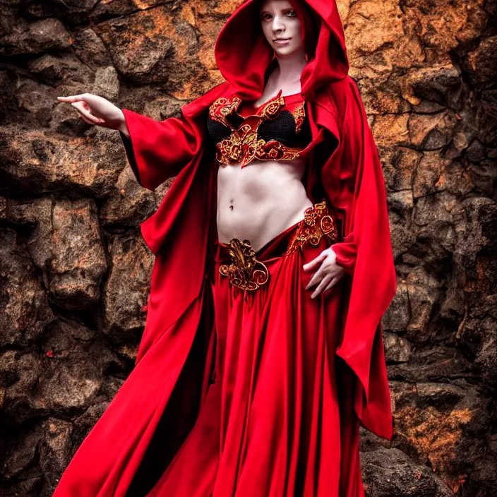 Prompt: full length photo of a very beautiful!! elemental fire witch with ornate red robes, highly detailed, 4 k, hdr, smooth, sharp focus, high resolution, award - winning photo