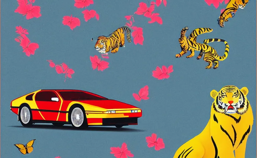 Image similar to a red delorean x a yellow tiger, art by hsiao - ron cheng & utagawa kunisada in magazine collage style # de 9 5 f 0