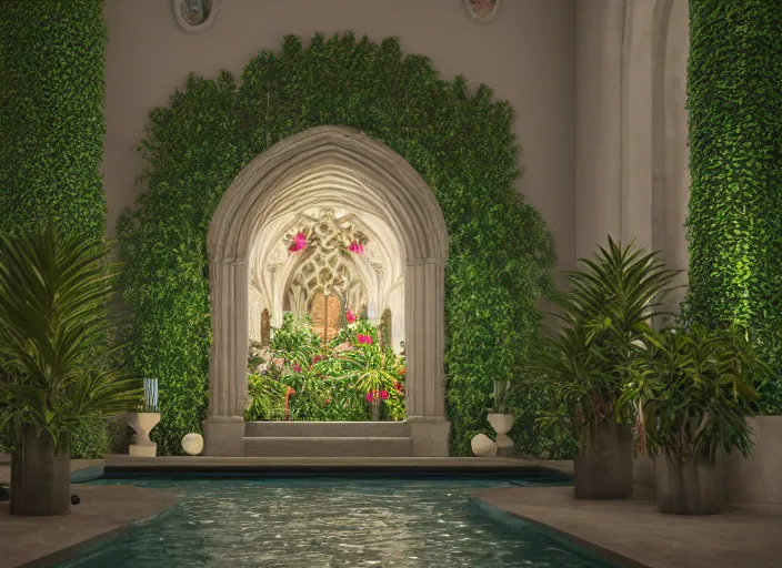 Image similar to ultra realistic, artstation, concept art, cathedral interior with koi pond in the middle surrounded by palm trees, ivy, flowers, tropical plants, roses, and with archways. rendered in octane render with photorealistic lighting