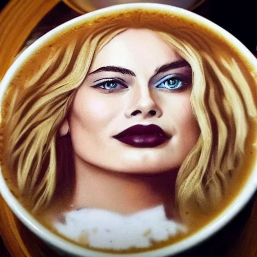 Image similar to a photo of realistic margot robbie latte art in a cup of coffee, highly detailed