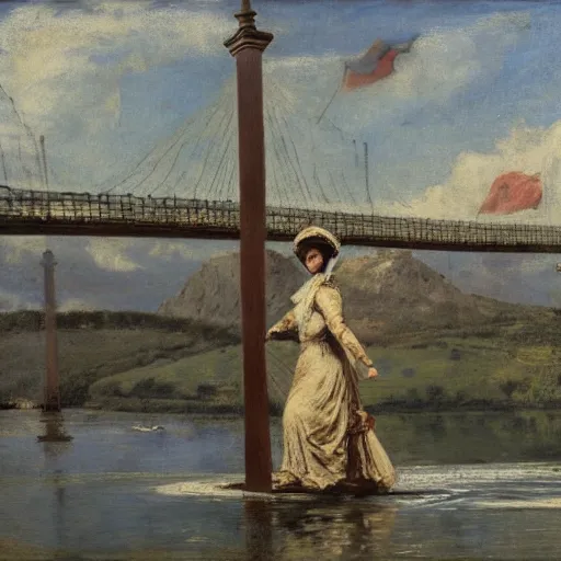 Image similar to woman traversing a suspension bridge by alfred stevens