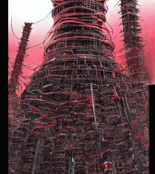 Prompt: colored manga, by tsutomu nihei, tarkovsky, majestic ancient tower of babylon of terror, a woman in cyber clothing, hyperrealistic, blame manga, full color, cyber architecture, intricate, illustration, kilian eng, concept art, hyper - detailed, smooth, masterpiece, epic, cinematic, high quality