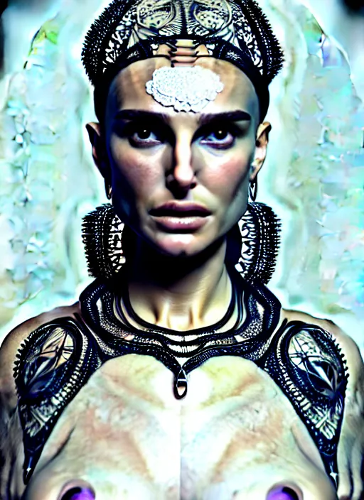 Image similar to portrait photograph of an absurdly beautiful, graceful, sophisticated, fashionable futuristic woman, facial piercings, natalie portman, heavy body modification, facial tattoos, prosthetic implants, hyperdetailed by popovy sisters, intricate linework, white porcelain skin, faberge, intricate chrome headdress, dark atmosphere, unreal engine 5 highly rendered, global illumination, radiant light, detailed and intricate environment