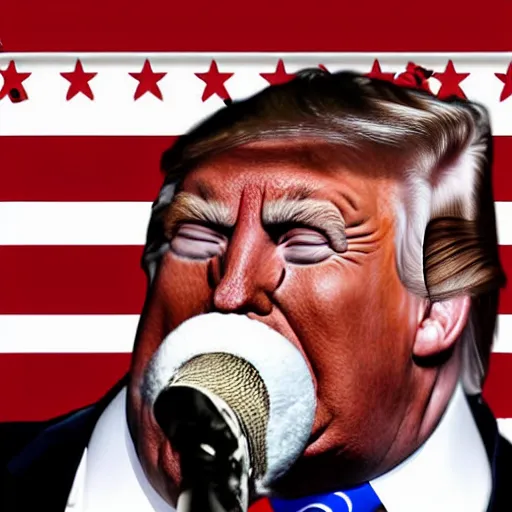 Image similar to donald trump licking r kelly, american flag behind