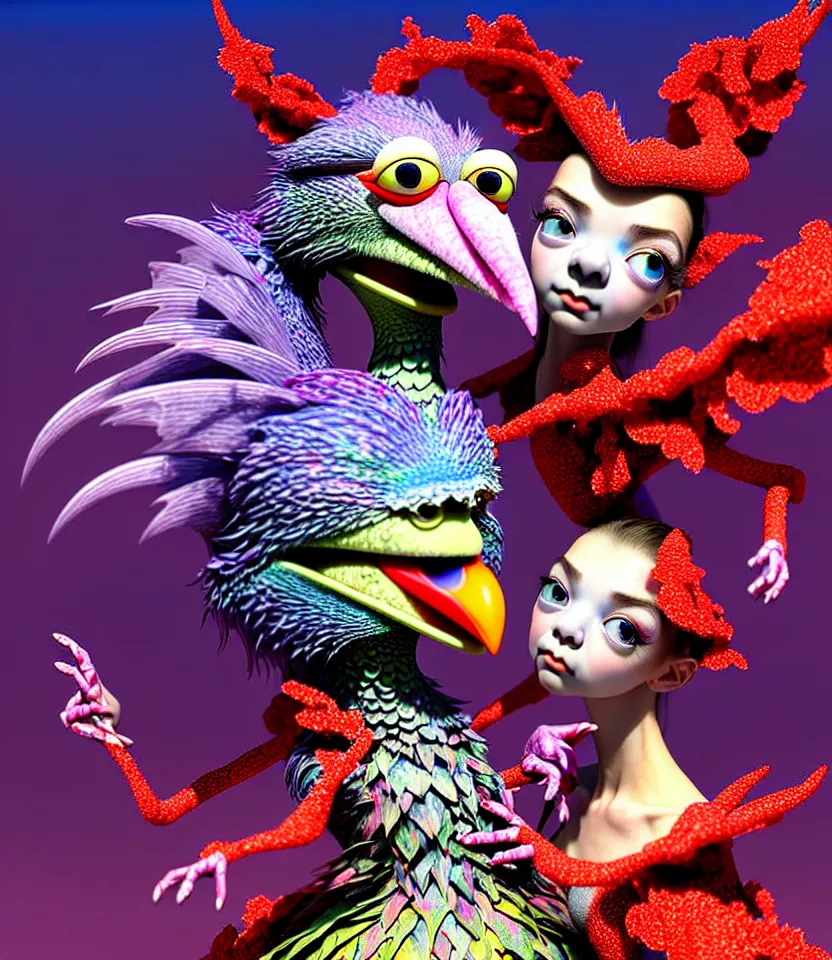 Image similar to hyper detailed 3d render like a Oil painting - kawaii portrait of hopeful lovers hugging tight or kissing pecking adorably Aurora (a beautiful girl skeksis muppet fae princess protective playful expressive acrobatic from dark crystal that looks like Anya Taylor-Joy) seen red carpet photoshoot in UVIVF posing in scaly dress to Eat of the Strangling network of yellowcake aerochrome and milky Fruit and His delicate Hands hold of gossamer polyp blossoms bring iridescent fungal flowers whose spores black the foolish stars by Jacek Yerka, Ilya Kuvshinov, Mariusz Lewandowski, Houdini algorithmic generative render, golen ratio, Abstract brush strokes, Masterpiece, Edward Hopper and James Gilleard, Zdzislaw Beksinski, Mark Ryden, Wolfgang Lettl, hints of Yayoi Kasuma and Dr. Seuss, Grant Wood, octane render, 8k