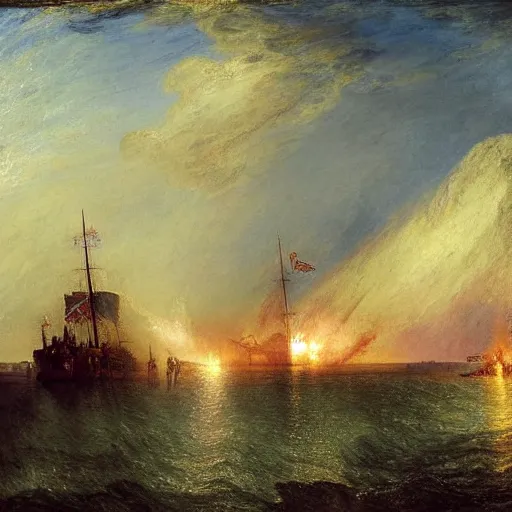 Prompt: a vibrant painting of the ironclad css virginia and uss monitor engaged in a gunfight by william turner, detailed, art, 1 8 6 2, british museum, colorful, beautiful