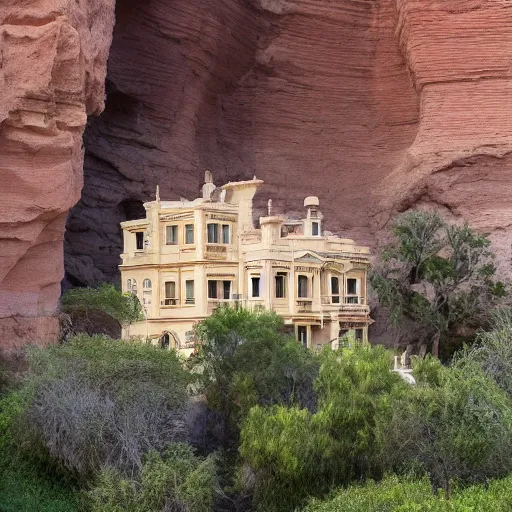 Image similar to a large, victorian mansion covered in sand in a canyon.