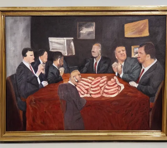 Image similar to oil painting of couch made out of meat, business men sitting and talking,