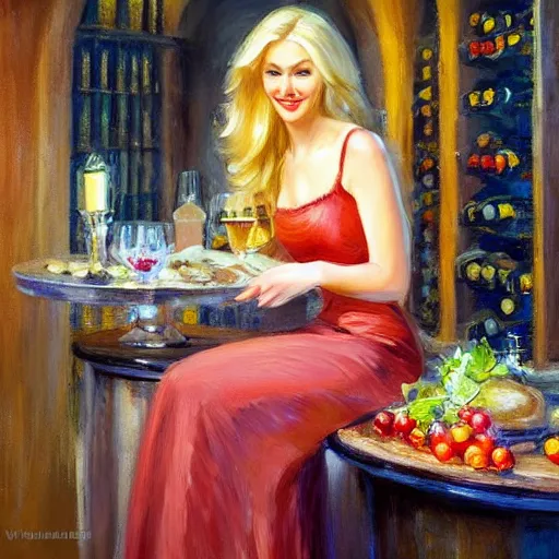 Image similar to pretty blonde beautiful woman in a wine cellar, elegant, red wine, meat, cheese, sausages, torches light the wall, impressionism, painting by Vladimir Volegov