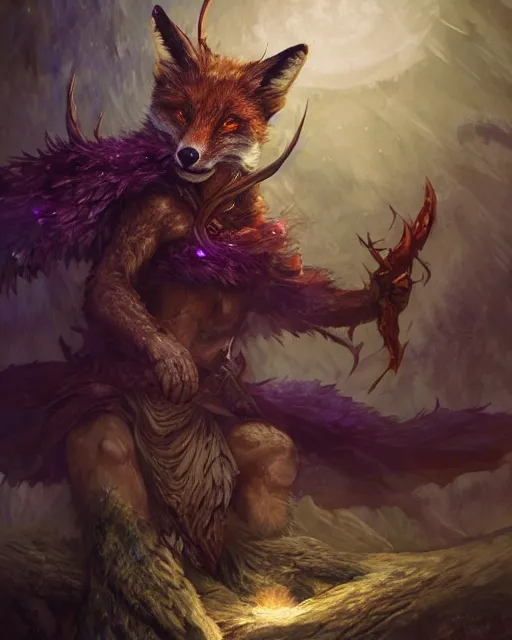 Image similar to Fox Shapeshifter Druid Mage, D&D, artstation, fantasy, magic the gathering artwork, cinematic lighting, centered, symmetrical, highly detailed, digital painting, , concept art, smooth, sharp focus, illustration, volumetric lighting, epic Composition, 8k, art by Akihiko Yoshida and Greg Rutkowski and Craig Mullins, oil painting, cgsociety