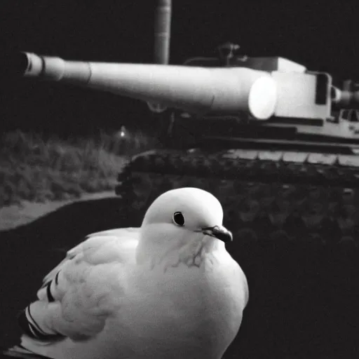 Image similar to grainy photograph of a white dove sitting on a tank gun during war night