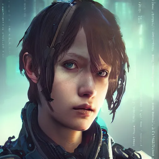 Image similar to highly detailed portrait of a post-cyberpunk young lady by Akihiko Yoshida, Greg Tocchini, 4k resolution, death stranding inspired, fragile