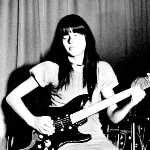 Image similar to 19-year-old girl, long shaggy black hair, playing electric guitar, stoner rock concert, proto-metal, doom metal, live on stage, super 8mm, 1973